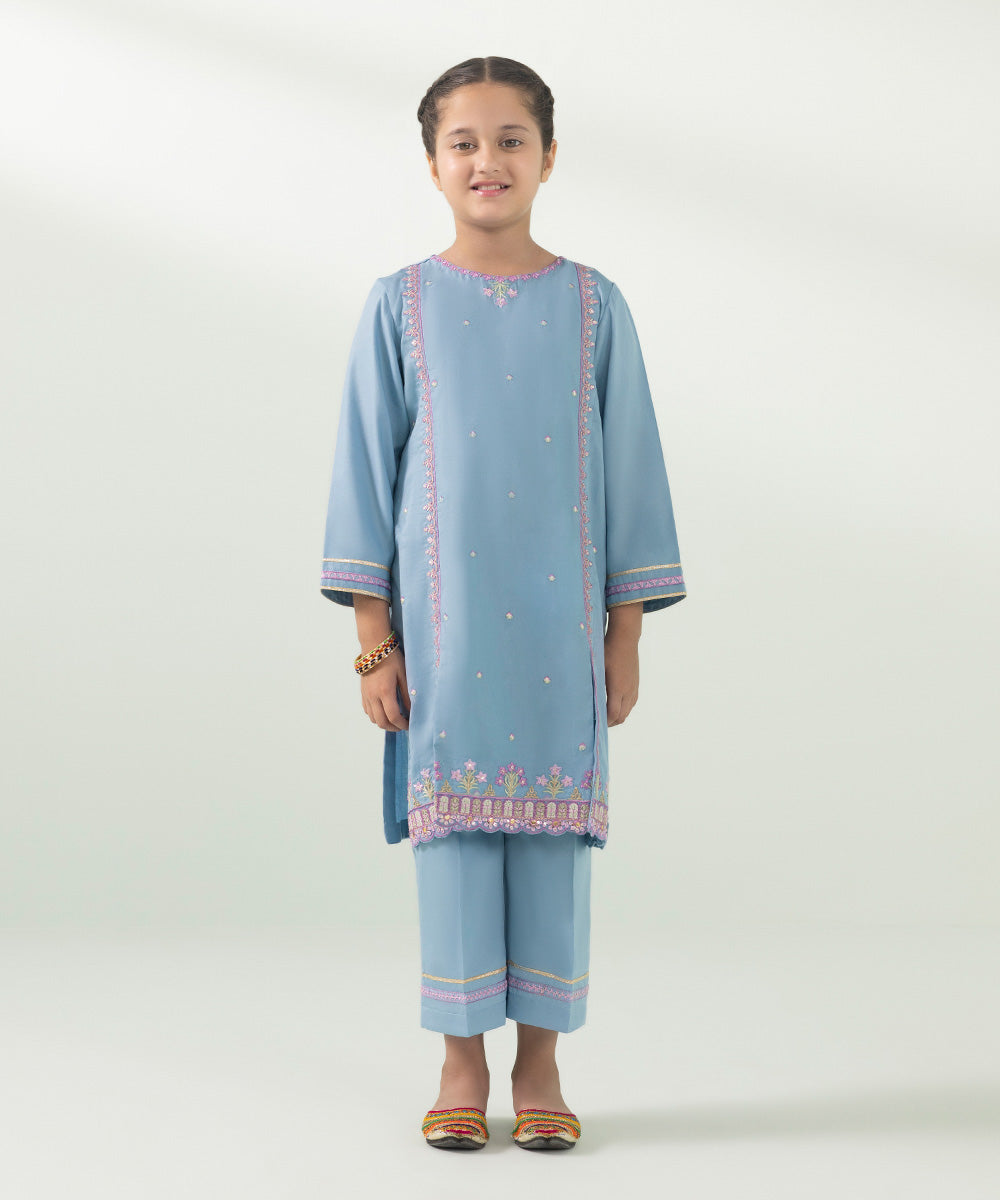 2 Piece - Embroidered Cotton Satin Suit