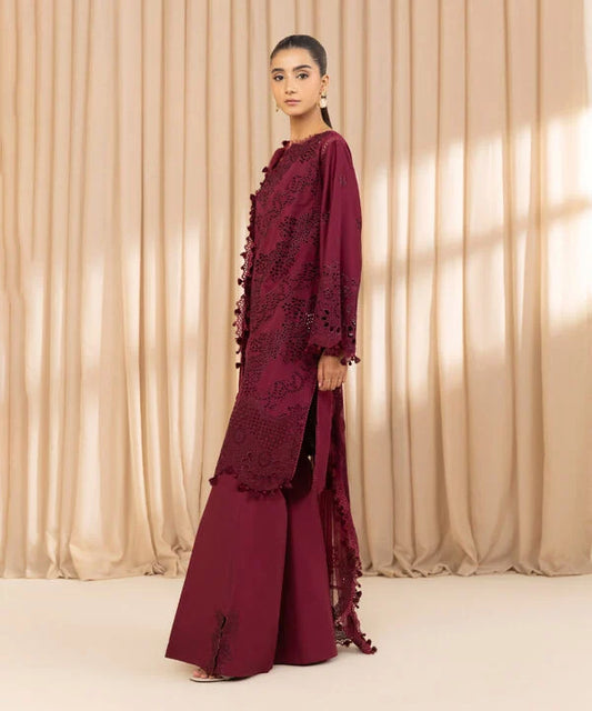 3 Piece - Embroidered Cotton Satin Suit