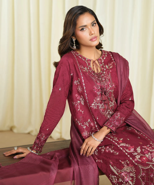 3 Piece - Embroidered Cotton Jacquard Suit