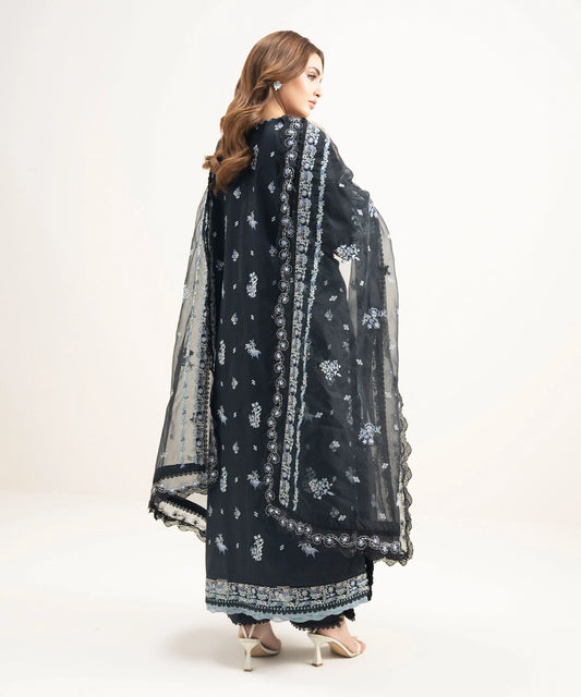 3 Piece - Embroidered Cotton Satin Suit