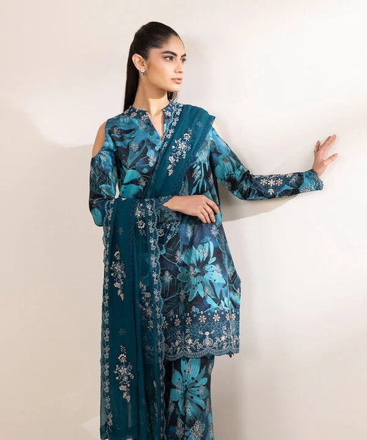 3 Piece - Embroidered Cotton Satin Suit