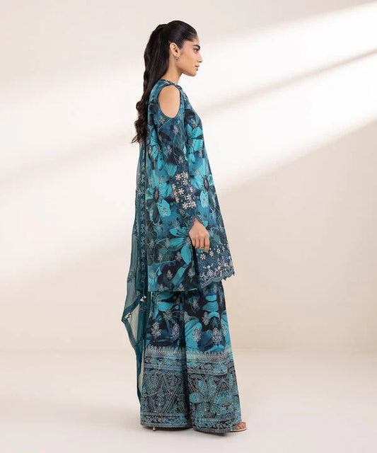 3 Piece - Embroidered Cotton Satin Suit