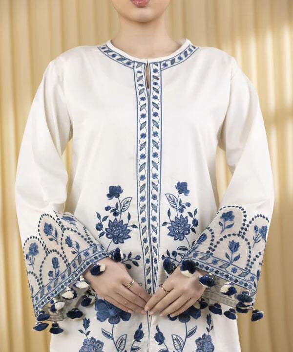 3 Piece - Embroidered Cotton Satin Suit